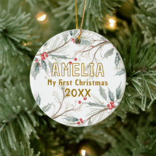 Baby`s Första Jul Julros Vinterlöv Fotografi Julgransprydnad Keramik