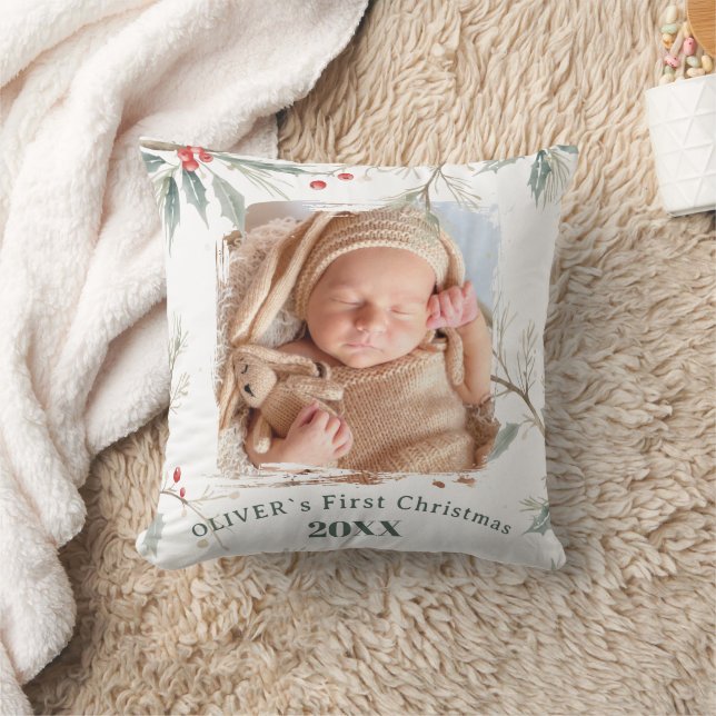 Baby`s Första Jul Julros Vinterlöv Fotografi Kudde (Filt)