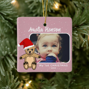 Baby`s Första Jul Nallebjörn Tomtehatt Foto Julgransprydnad Keramik