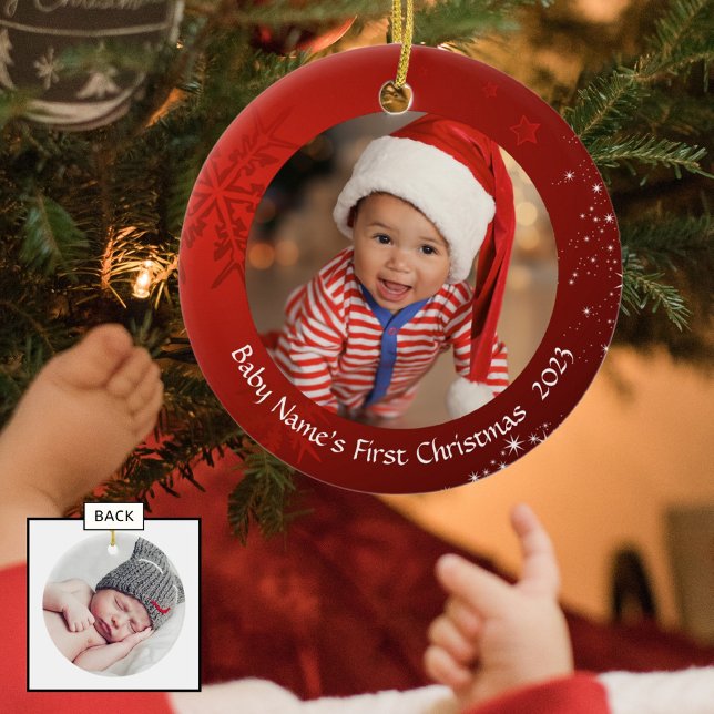 Baby:s första jul, röd snöflinga, tvåsidig julgransprydnad keramik (Skapare uppladdad)