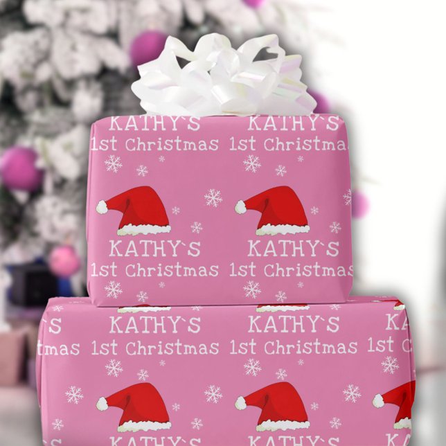 Baby`s Första Jul Rosa Tomtehatt Snöflinga Presentpapper (Skapare uppladdad)