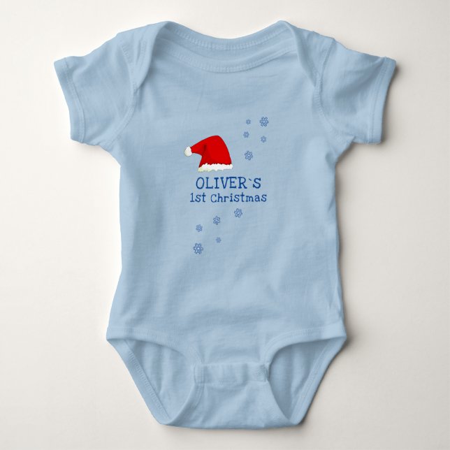 Baby`s första jul Santa hatt Snöflinga Blå T Shirt (Framsida)