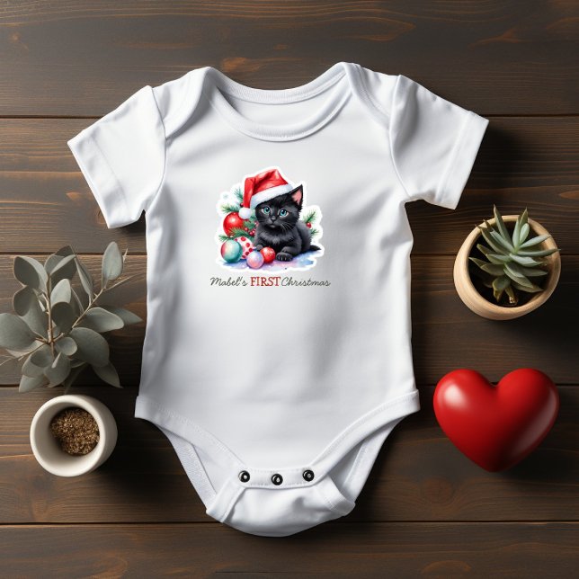 Baby:s första jul svart katt julhatt t shirt (Skapare uppladdad)