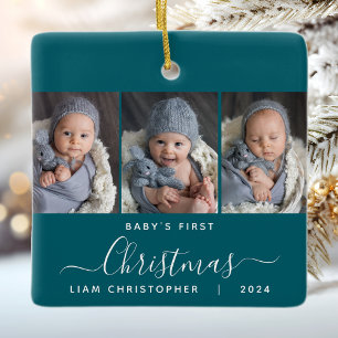 Baby:s första jul Tealblå 3 Foto Script Julgransprydnad Keramik