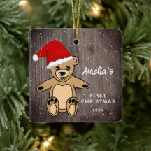 Baby`s Första Jul Trä Teddybjörn Tomtehatt