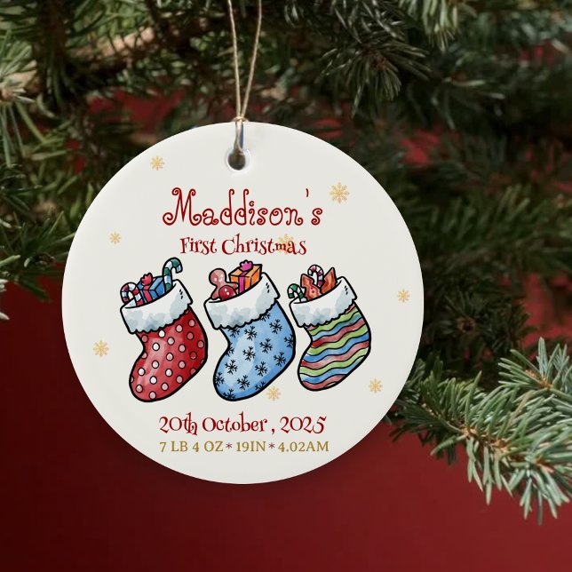 Baby:s första julafton Namn & Birth Stats Keepsaké Julgransprydnad Keramik (Baby’s First Christmas Name & Birth Stats Keepsake Ceramic Ornament)