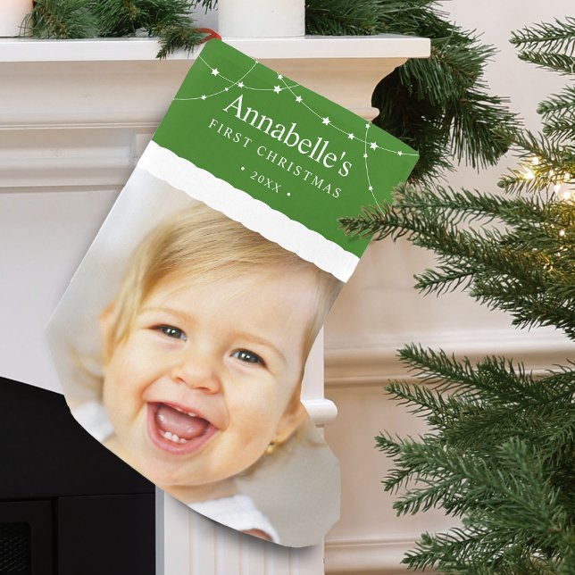 Baby:s första julfoto grönt liten julstrumpa (Baby's First Christmas Photo Green Small Christmas Stocking)