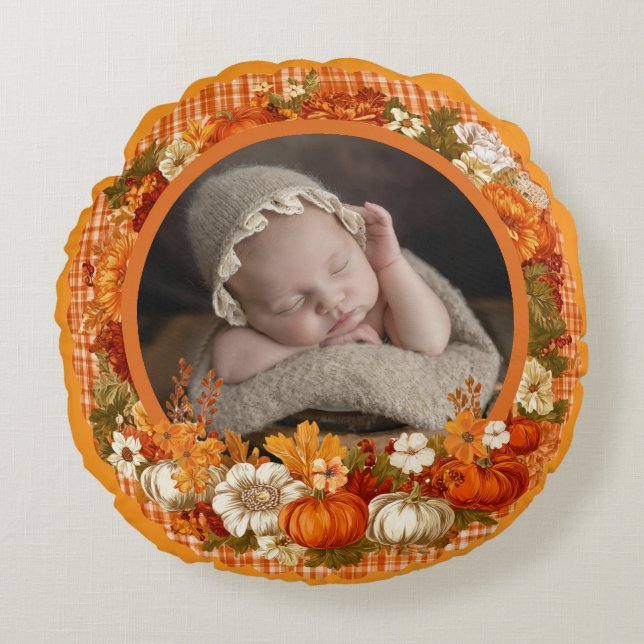 Baby:s första Thanksgiving höstblommig fotofilt Rund Kudde (Framsidan)