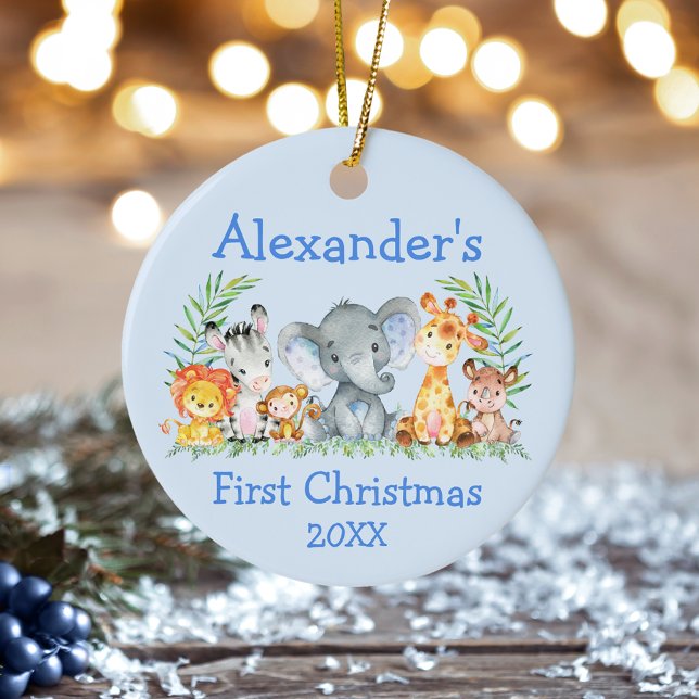 Baby Safari Animals Blue Julgransprydnad Keramik (Customize with name and year.)
