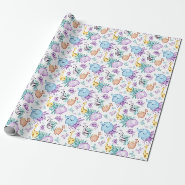 Baby Safari Animals Giraffe Elephant Zebra Hippo Presentpapper (Utrullad)