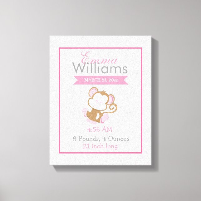 Baby Safari Rosa Sömnig Monkey Nursery Art Gift Canvastryck (Framsida)