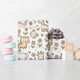 Baby Safari Wildlife with Doodle Flowers Presentpapper