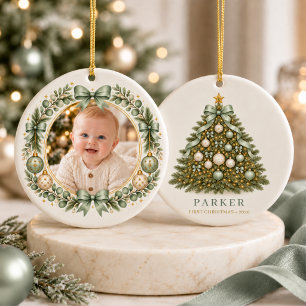 Baby Sage Grön Första Julen Båge Foto Julgransprydnad Keramik