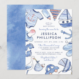 Baby Sailor | Blue Nautical Watercolor Baby Shower Inbjudningar