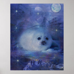 Baby säl på is - vackert Sjölandskap Poster
