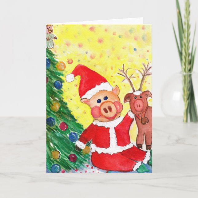 Baby Santa Piglet och Rein-gris av Julgran Helgkort (Framsida)