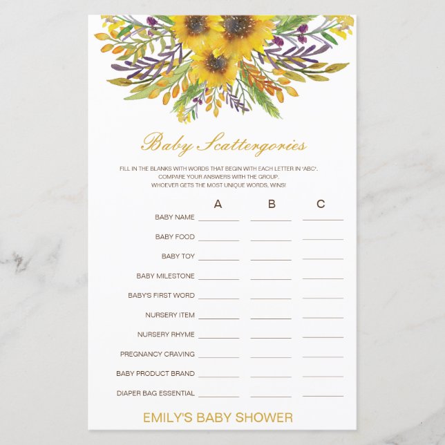 Baby Scattergories Baby Shower Game PRINTED (Framsida)