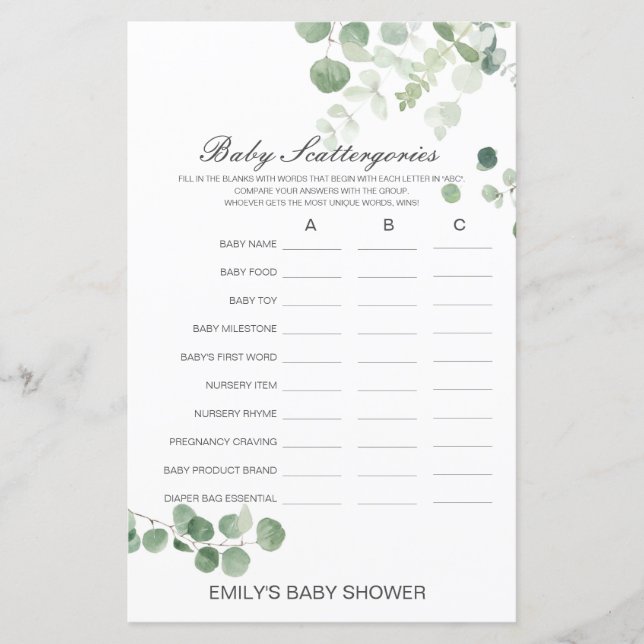 Baby Scattergories Baby Shower Game PRINTED (Framsida)