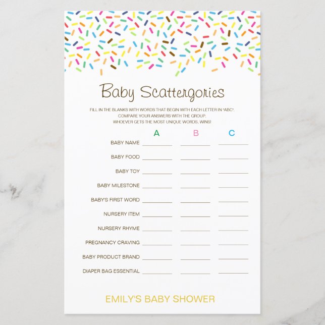 Baby Scattergories Baby Shower Game PRINTED (Framsida)