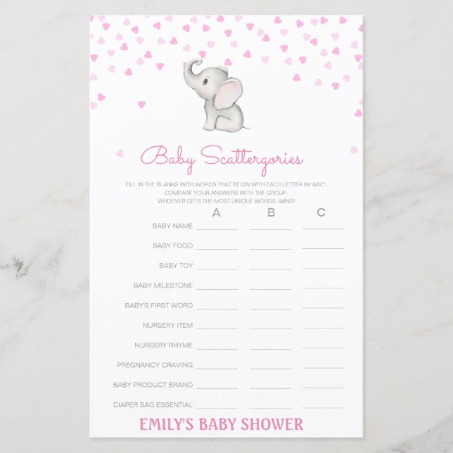 Baby Scattergories Baby Shower-spel UTSKRIFT (Framsida)