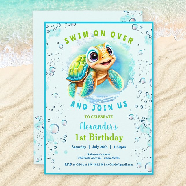 Baby Sea Turtle Boy Anpassningsbar Age First Birth Inbjudningar (Cute Sea Turtle Invitation For a Boy. If you need for a girl, just visit the store :) Kate Eden Art)