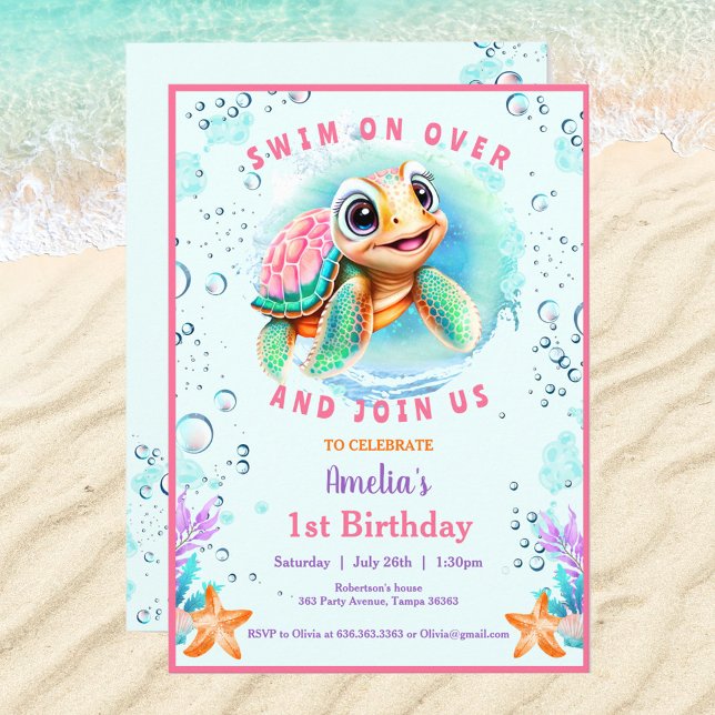 Baby Sea Turtle Girl Anpassningsbar Age First Birt Inbjudningar (Cute Sea Turtle Invitation For a Girl. If you need for a Boy, just visit the store :) Kate Eden Art)