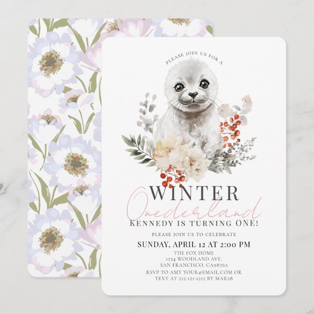 Baby Seal Winter Onederland Girl 1st Birthday Inbjudningar (Fram/baksida)