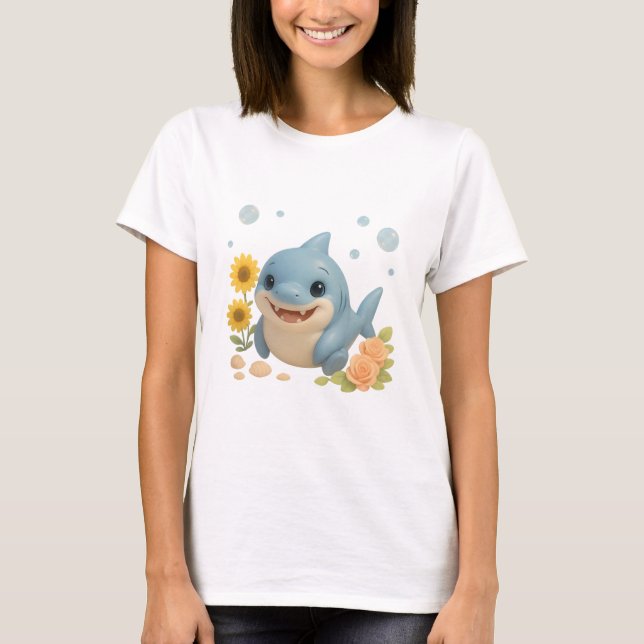 Baby Shark with Flowers and Bubbles T Shirt (Framsida)