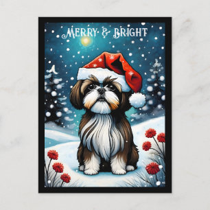 Baby Shih Tzu Snowy Meadow Santa Hund jul Vykort