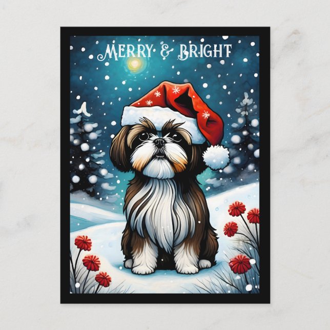 Baby Shih Tzu Snowy Meadow Santa Hund jul Vykort (Framsida)