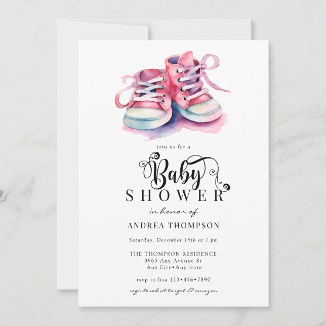 Baby Shoes | Rosa Girl Baby Shower Inbjudningar (Framsida)