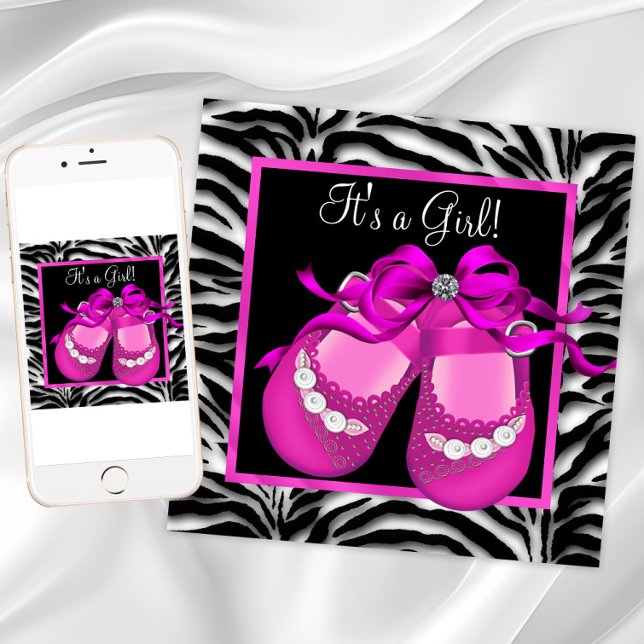 Baby Shoes Shock rosa Zebra Flicka Shower Inbjudningar (Hot pink baby shower invitation with cute baby shoes. Download and printed invitations available.)