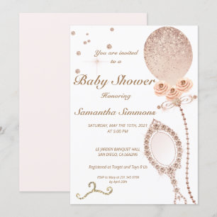 Baby Showe Guld i Glitter, Girly Diamond Ro, Inbjudningar