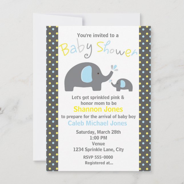Baby Shower 2 Elephants Blue Polka Dot-inbjudan Inbjudningar (Framsida)