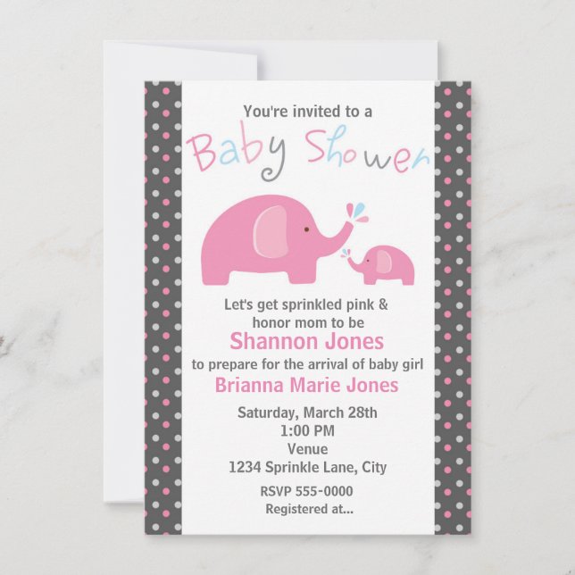 Baby Shower 2 Rosa Elephants Polka Dot-inbjudan Inbjudningar (Framsida)