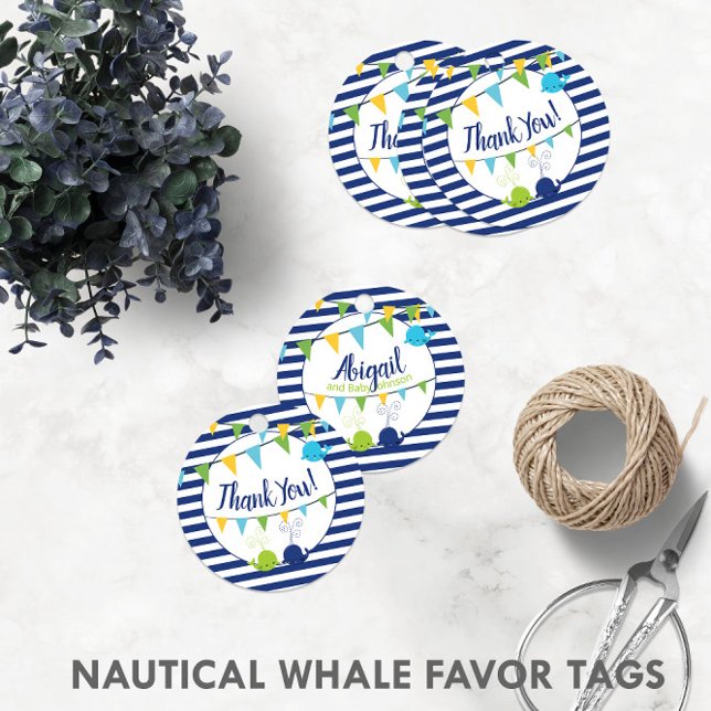 Baby Shower (2-sidig) för Cute Baby-valar (2-sidig Gåvor Etiketter (Cute Baby Whales Baby Shower (2-Sided) Thank You Favor Tags
)