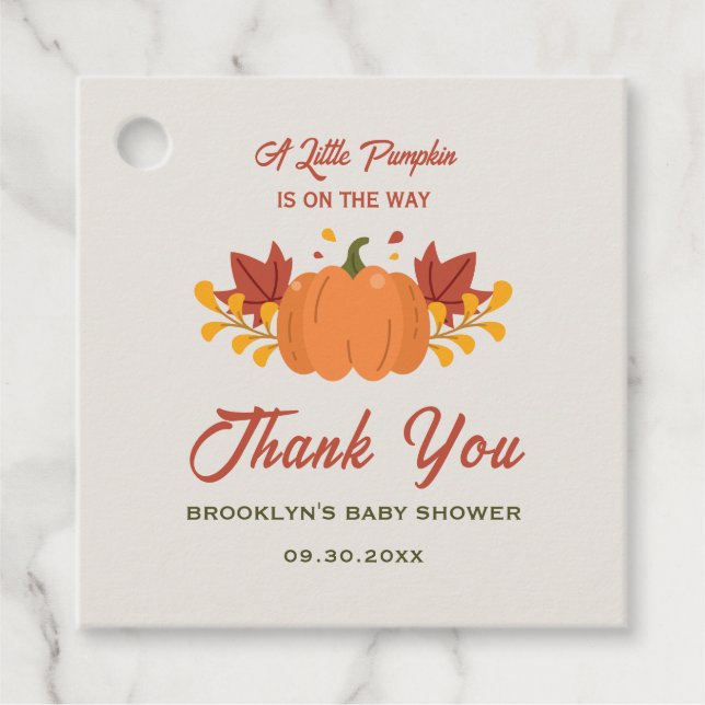 Baby Shower A Little Pumpkin Höst löv Fall Gåvor Etiketter (Framsida)