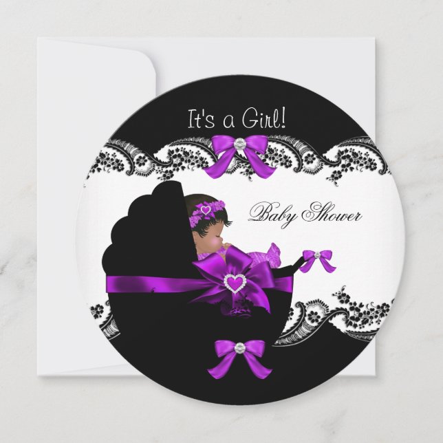 Baby Shower Afroamerikansk Flicka Lila Rosa Inbjudningar (Framsida)