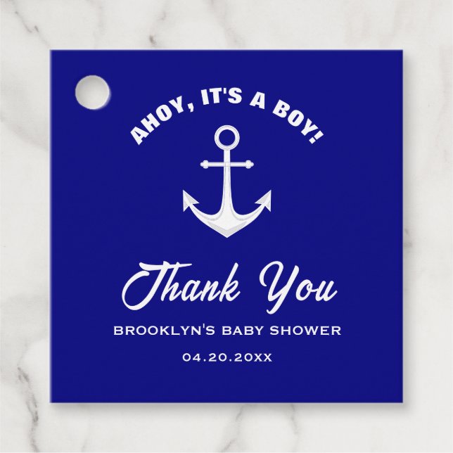 Baby Shower Ahoy its A Boy Anchor Navy Blue White Gåvor Etiketter (Framsida)