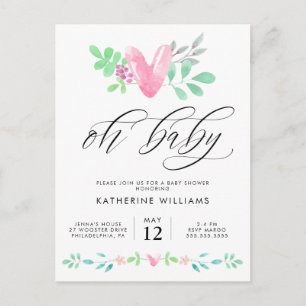 BABY SHOWER Akvarell Hjärtformad Blommig Postkor Vykort