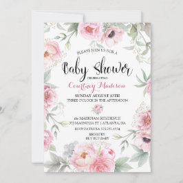 Baby Shower Akvarell Rosa Rosor Blommor Inbjudningar