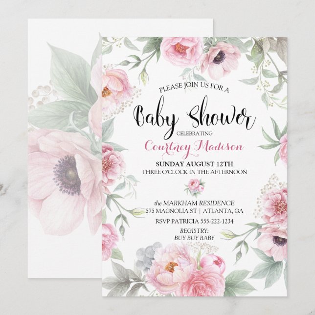 Baby Shower Akvarell Rosa Rosor Blommor Inbjudningar (Fram/baksida)