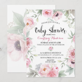 Baby Shower Akvarell Rosa Rosor Blommor Inbjudningar
