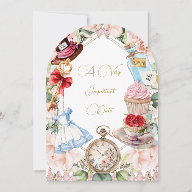 Baby Shower Alice I Underlandet Blommig Rosa  Inbjudningar (Framsida)