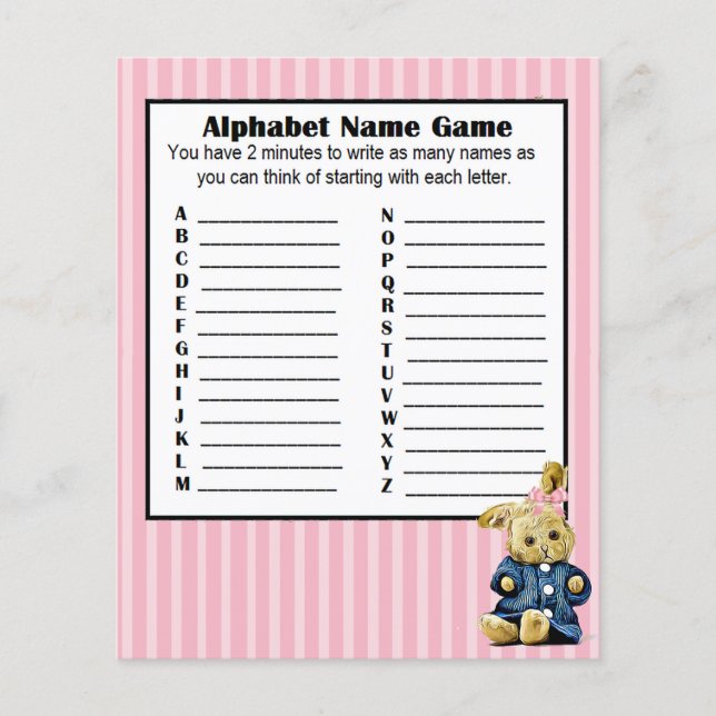 Baby Shower Alphabet Namn BINGO Game Bunny Flygblad (Framsidan)