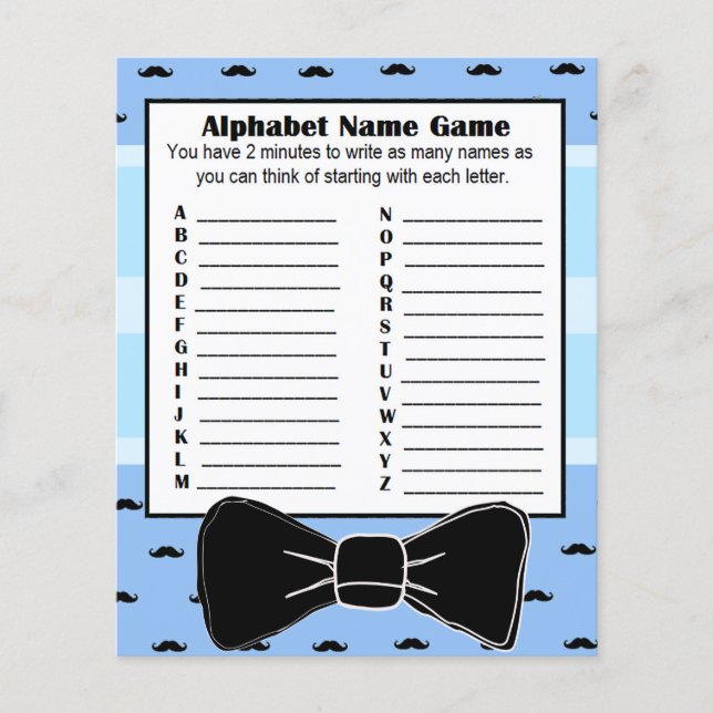 Baby Shower Alphabet Namn BINGO Game Mustache Flygblad (Framsidan)