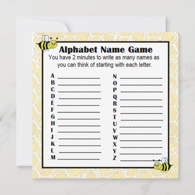 Baby Shower Alphabet Namn Game BINGO Bumblebee Inbjudningar (Framsida)