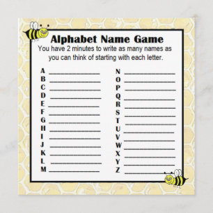 Baby Shower Alphabet Namn Game BINGO Bumblebee Inbjudningar