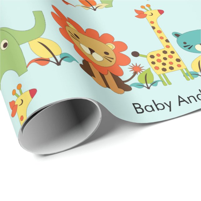 Baby Shower Animals Add Namn Giraffe Lejon Boy Gir Presentpapper (Rullad Hörn)