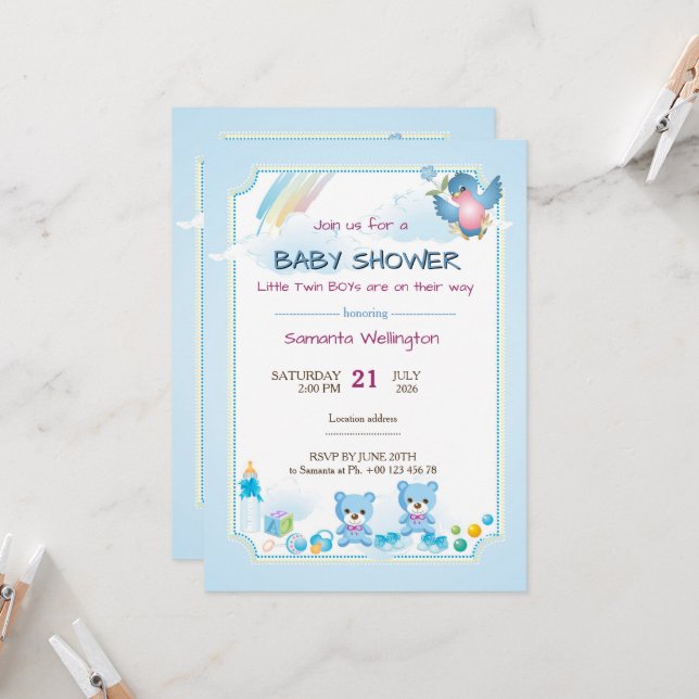 baby shower announcement for TWIN BOYs Inbjudningar (Fram/Back In Situ)